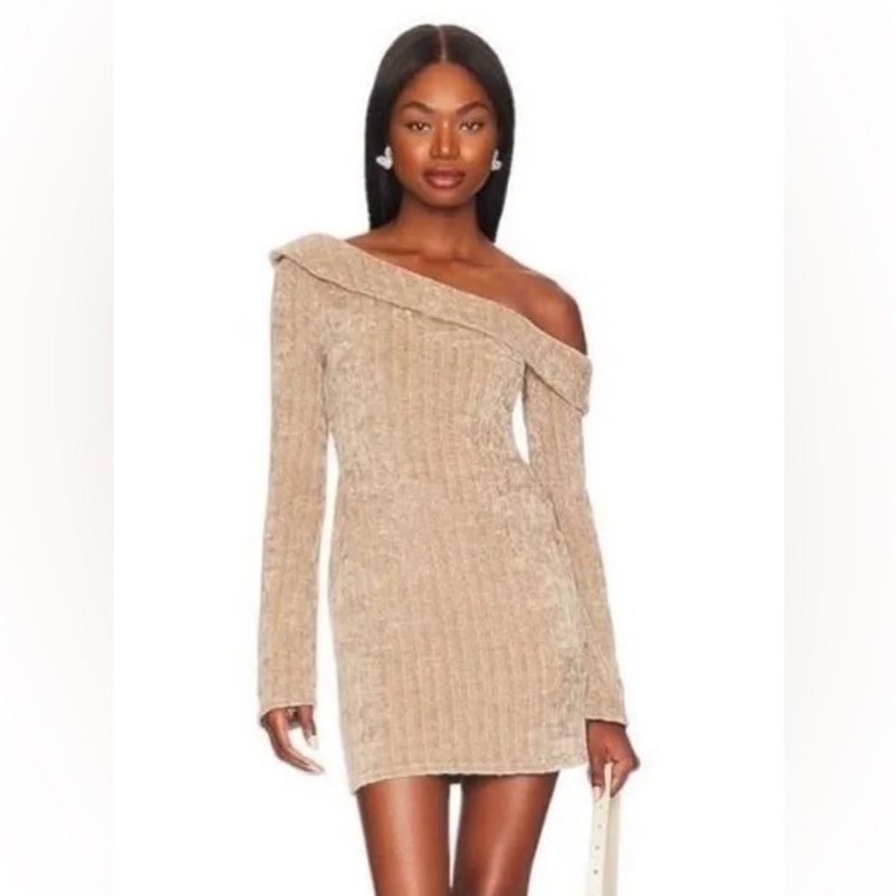MAJORELLE Ribbed one shoulder tan dress